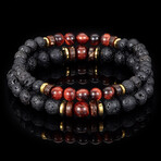 Red Tiger Eye + Gold Plated Hematite + Lava + Wood Bead Stretch Bracelets // Set of 2 // 8"