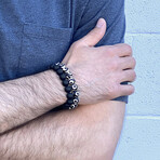 Black and White Agate + Matte Onyx Stone Stretch Bracelet // 8.25"