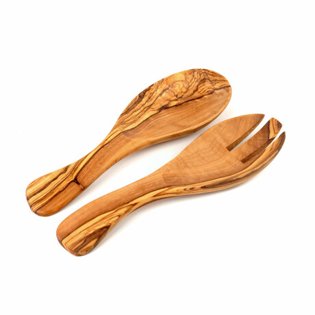 9" Curved Olive Wood Salad Serving Set // Set of 2 