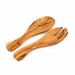 9" Curved Olive Wood Salad Serving Set // Set of 2 