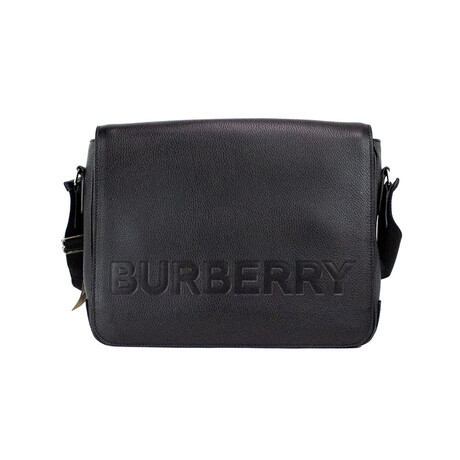 Burberry Bruno Small Embossed Logo Branded Pebbled Leather Messenger Crossbody Handbag // Black