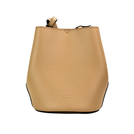 Burberry Lorne Small Pebbled Leather Haymarket Check Lined Bucket Crossbody Handbag // Camel