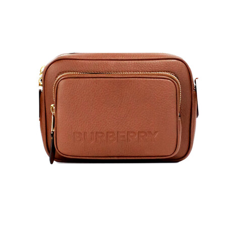 Small Branded Tan Brown Grainy Leather Camera Crossbody Handbag