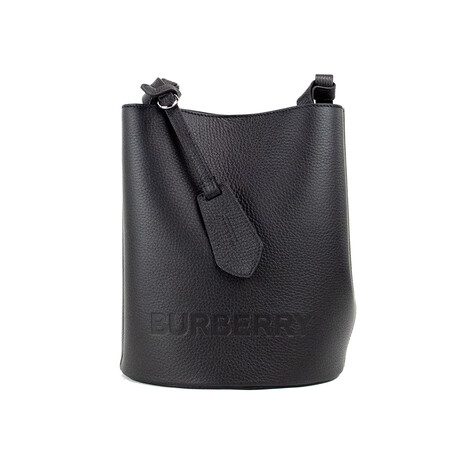 Burberry Lorne Small Branded Pebbled Leather Bucket Crossbody Handbag // Black