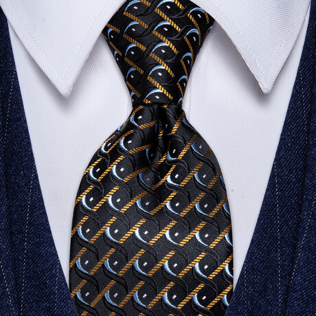 Handmade Silk Tie //  Yellow- Blue Pattern + Black