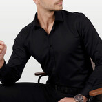 Set of Tie & Button Up Shirt // Burgundy Striped +Black (M)