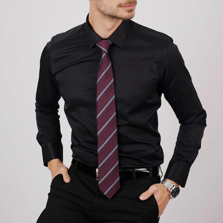 Set of Tie & Button Up Shirt // Burgundy Striped +Black (XS)