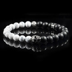 Steel Skull + Howlite + Matte Onyx Stone Stretch Bracelet // 8.5"