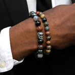 Hematite + Picasso Jasper + Labradorite + Onyx Stone + Skull Bead Stretch Bracelet // 8"