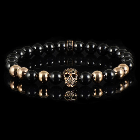Rose Gold Plated Stainless Steel Skull + Polished Onyx Stone Stretch Bracelet // 8"