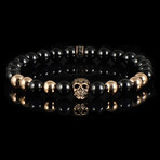 Rose Gold Plated Stainless Steel Skull + Polished Onyx Stone Stretch Bracelet // 8"