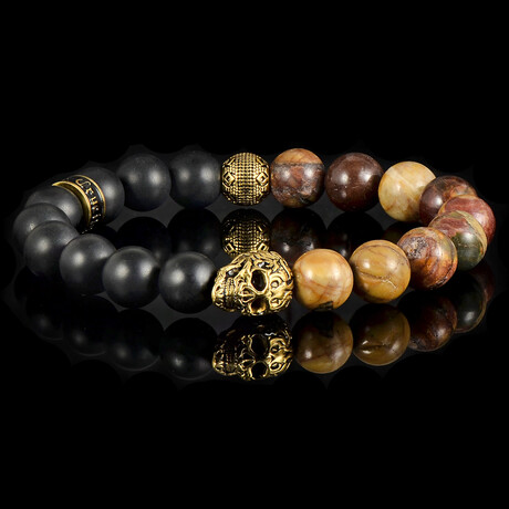 Gold Plated Steel Skull + Picasso Jasper + Matte Onyx Stone Stretch Bracelet // 8"