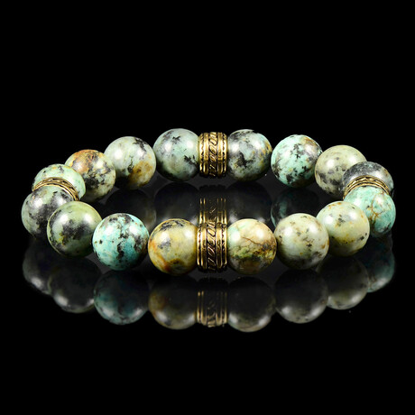 African Turquoise + Gold Plated Stainless Steel Accents Stretch Bracelet // Green + Gold