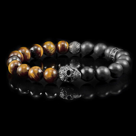 Steel Skull + Tiger Eye + Matte Onyx Stone Stretch Bracelet // 8.25"