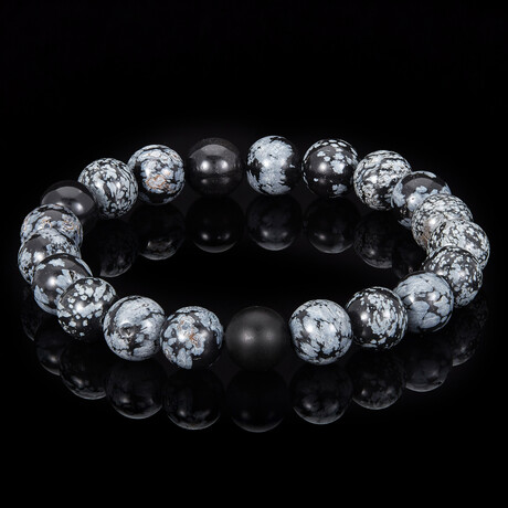 Snowflake Agate + Matte Onyx Stone Bead Stretch Bracelet // 8.25"