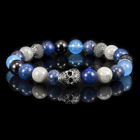 Lapis Lazuli + Sodalite + Blue Agate + Labradorite + Onyx + Skull Bead Bracelet // 8"