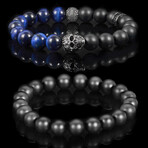 Skull + Matte Onyx + Blue Tiger Eye Stretch Bracelets // Set of 2 // 8.25"