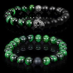 Skull + Green Tiger Eye + Matte Onyx Stone Stretch Bracelets // Set of 2 // 8.25"
