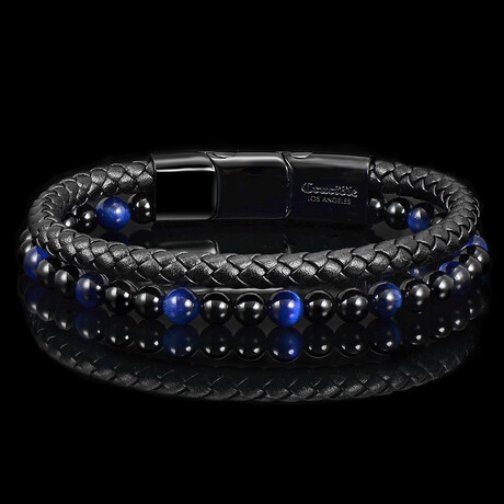 Blue Tiger Eye + Onyx Stone + Layered Leather Cuff Bracelet // Blue + Black