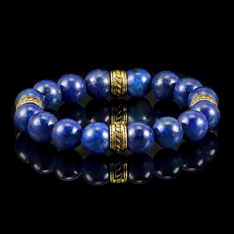 Lapis Lazuli Stone + Gold Plated Stainless Steel Accents Stretch Bracelet // Blue + Gold