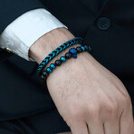 Blue Plated Stainless Steel Skull + Polished Onyx Stone Stretch Bracelet // 8"