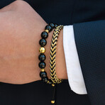 Onyx Stone + Steel Accents + Gold Plated Round Franco Bracelets // Set of 2 // 8"