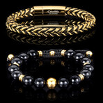 Onyx Stone + Steel Accents + Gold Plated Round Franco Bracelets // Set of 2 // 8"