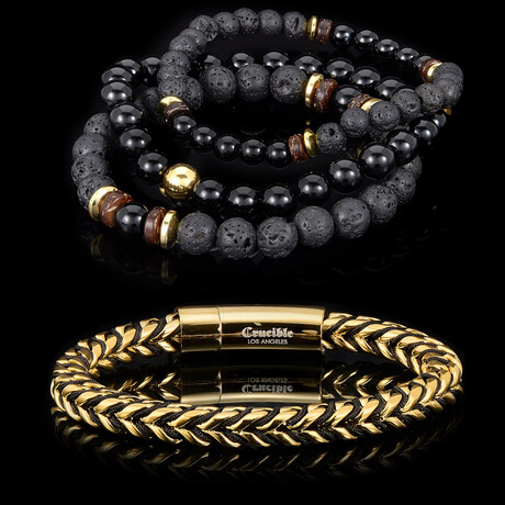 Gold Plated Steel Franco Chain Bracelet + Set of 3 Onyx and Lava Stretch Bracelets // 8"