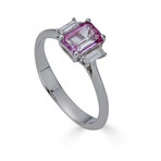 14K White Gold Diamond + Pink Sapphire 3 Stone Ring