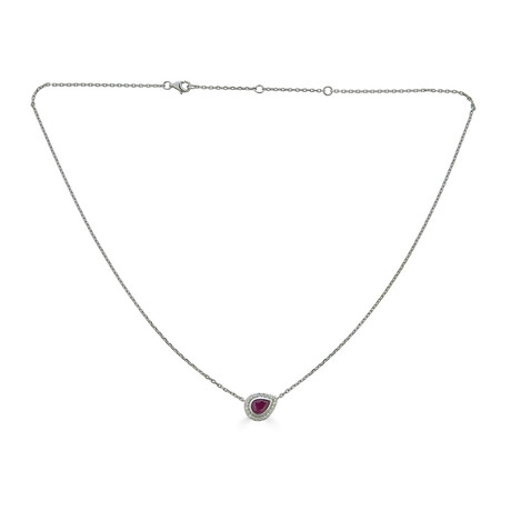 14K White Gold Diamond + Pear Ruby Necklace 16-18" Adjustable Chain