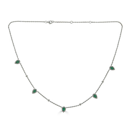 14K White Gold Diamond + Emerald Station Necklace 16-18" Adjustable Chain