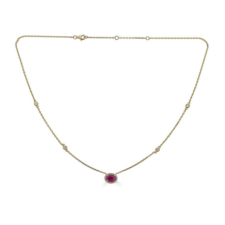 14K Yellow Gold Ruby Necklace with Diamond Stations 16-18" Adjustable Chain