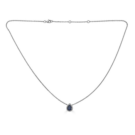 14K White Gold Diamond + Pear Sapphire Necklace 16-18" Adjustable Chain