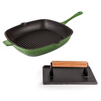 Neo 2Pc Cast Iron Grill Set: Grill Pan & Bacon/Steak Press, Green