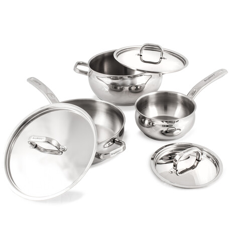 Essentials Belly Shape 18/10 Stainless Steel 6pc Starter Set: 5.5Qt Stockpot, 1.5Qt Sauce Pan, and 3.2Qt Deep Skillet, with Metal Lids