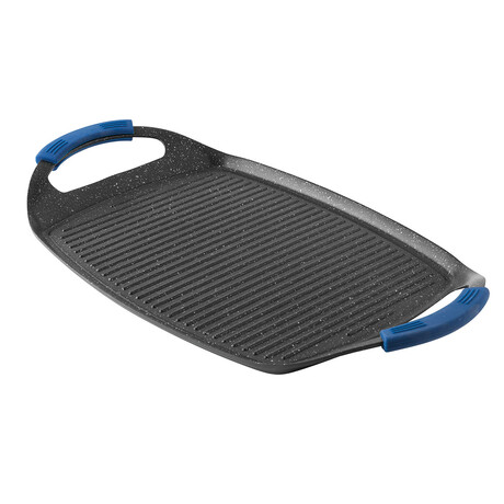 Nonstick Cast Aluminum Teppanyaki Grill Plate with Blue Silicone Handles, 18.5" x 11.4"