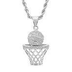 Pendant // Stainless Steel Simulated Diamond Basketball And Hoop