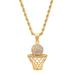 Pendant // 18K Gold Plated Stainless Steel Simulated Diamond Basketball And Hoop