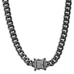 Necklace // Gunmetal Stainless Steel Cuban Chain With Simulated Diamonds Box Clasp