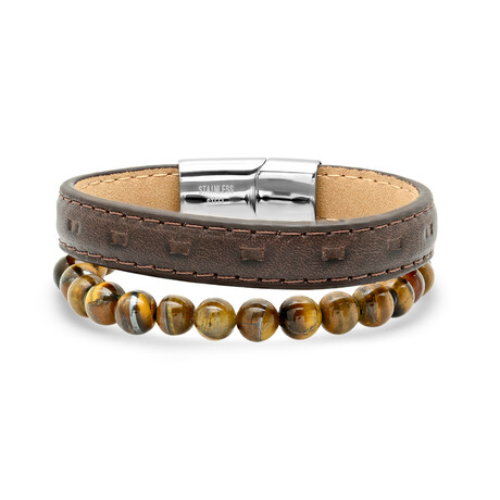Bracelet // Brown Leather with Stainless Steel +Tiger Eye Beaded