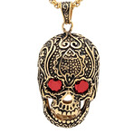 Pendant // 18K Gold Plated Stainless Steel Skull With Red Simulated Diamonds