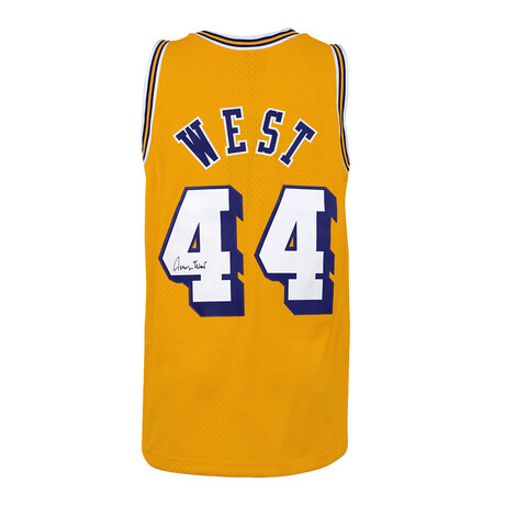 Jerry West Signed Los Angeles Lakers Gold 1971-72 Throwback M&N Swingman Basketball Jersey