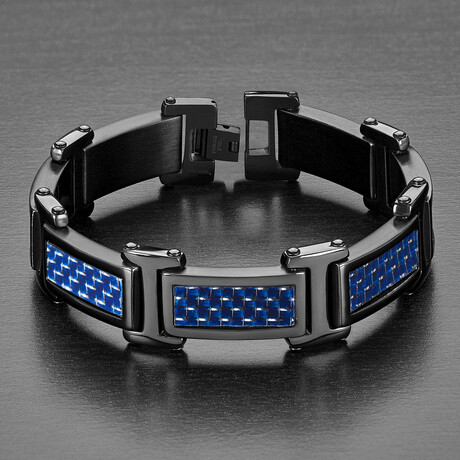 Blue Carbon Fiber Black Plated Stainless Steel Link Bracelet // 8.5