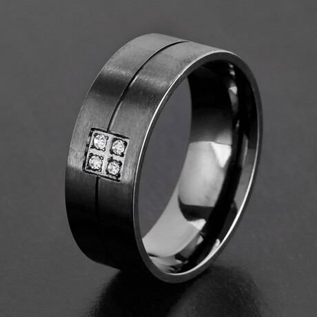 Brushed Black Plated Stainless Steel Ring with Crystal Stones // 8mm (Size 8)