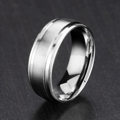 Brushed and Polished Grooved Edges Stainless Steel Band Ring // 8mm (Size 8)