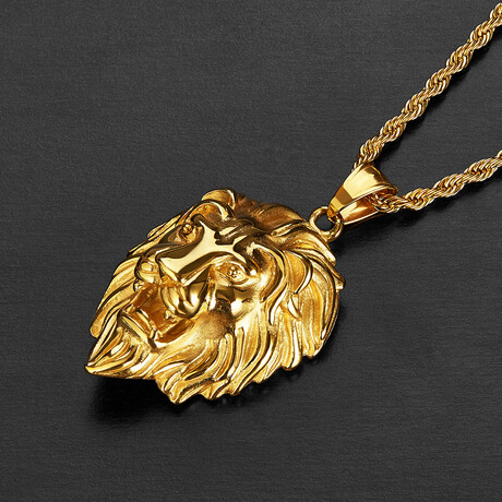 Gold Plated Stainless Steel Lion Head Pendant // 24"