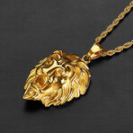 Gold Plated Stainless Steel Lion Head Pendant // 24"