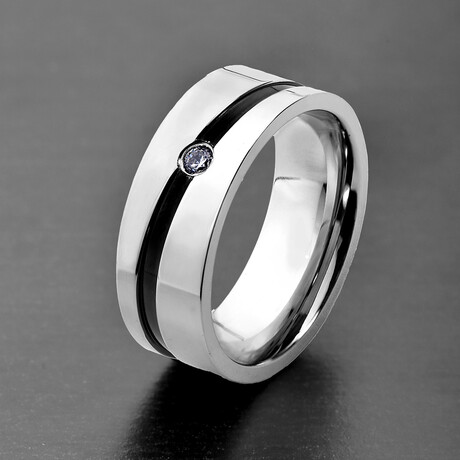Cubic Zirconia Striped Stainless Steel Band Ring // 8mm (Size 9)