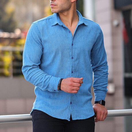 Premium Striped Corduroy Shirt // Blue (XS)