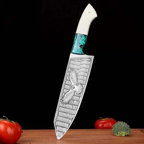 Soaring Eagle Slice // Etched Steel & Bone Chef's Knife // Leather Sheath